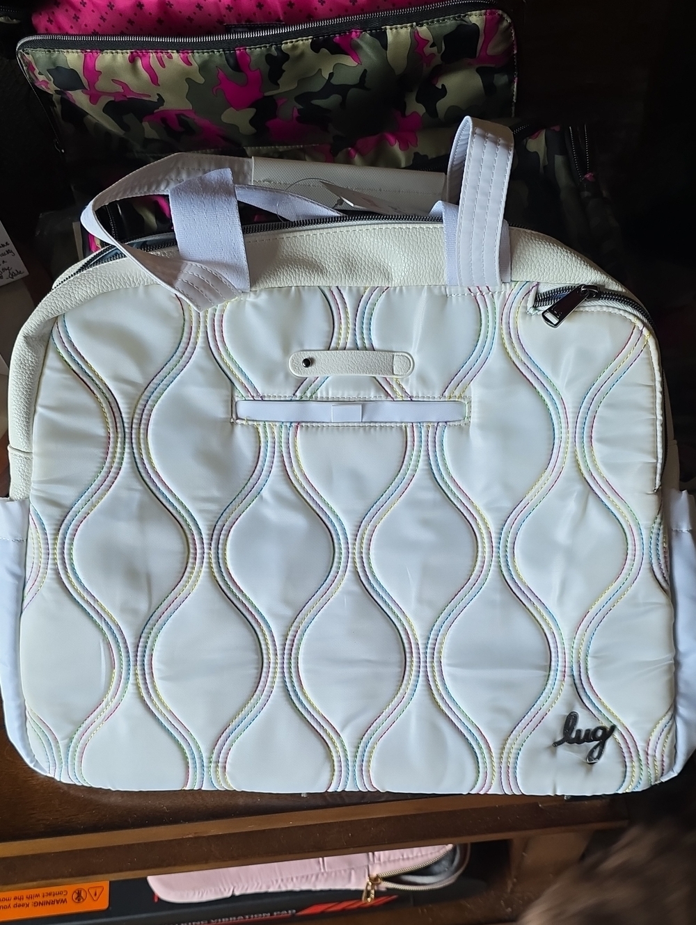 lug Aviator White Quilted Tote with Pastel Accents